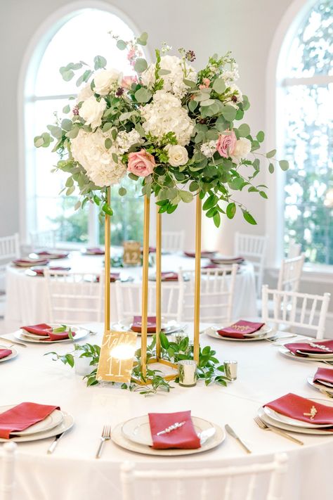 Gold Floral Stand Wedding, Gold Flower Stand Centerpiece, Gold Flower Stands Wedding, Gold Harlow Stand Centerpiece, Blush Sage And Gold Wedding Centerpieces, Tall Gold Stand Centerpiece Wedding, Unique Tall Wedding Centerpieces, Tall And Low Wedding Centerpieces, Round Table Tall Centerpieces Wedding