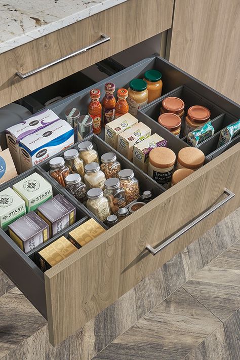 A combination of 2-deep drawer inserts, with an additional deep drawer insert with spice tray; segments drawers and corrals items in the location you like. Deep Kitchen Drawer Organization, Kitchen Drawer Inserts, Omega Cabinetry, Deep Drawer Organization, Deep Pantry, Spice Organization Drawer, Pantry Drawers, Small Kitchen Storage, Kitchen Cabinet Drawers