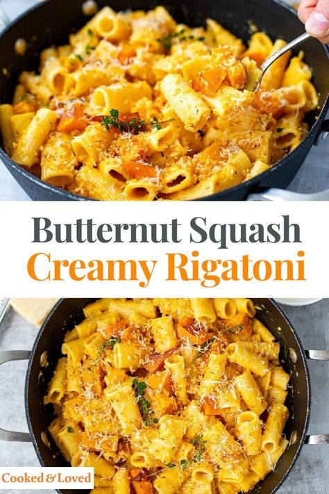 Learn how to make creamy roasted butternut squash pasta with garlic crumbs with our easy to follow recipe and step-by-step instructions and photos. Using delicately sweet butternut squash, hardy rigatoni pasta and simple ingredients for the sauce, this dish is fit for a restaurant menu, yet you can easily make it at home. It's an absolute crowd-pleaser, and your family and dinner guests will be impressed and satisfied!  via @irena_macri Butternut Squash Dinner, Roasted Butternut Squash Pasta, Butternut Squash Recipes Pasta, Squash Pasta Recipe, Butternut Squash Pasta Sauce, Pasta With Garlic, Rigatoni Recipes, Butternut Squash Sauce, Butternut Squash Cubes