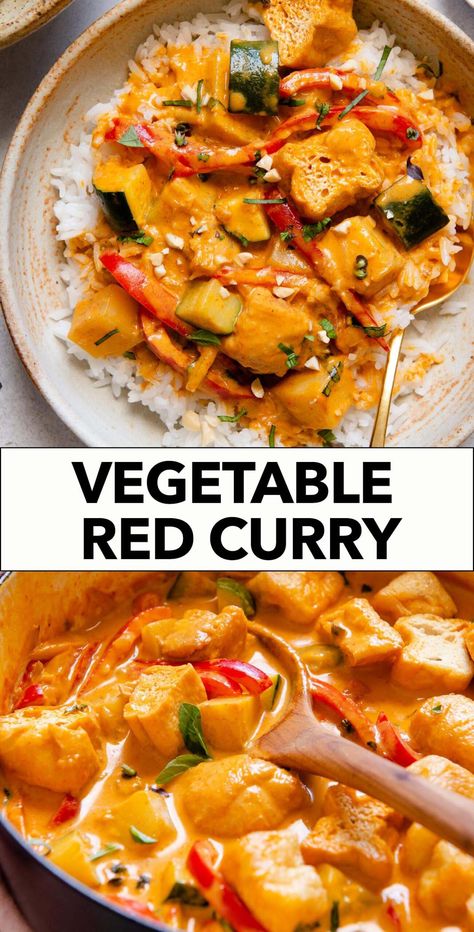 A Thai-inspired red curry made with vegetables and fried tofu puffs. It's a delicious and filling weeknight meal. Thai Red Curry Vegetables, Red Curry Vegetables, Vegetable Red Curry, Red Curry Tofu, Tofu Puffs, Curry With Tofu, Curry Healthy, Red Curry Recipe, Fast Cooking