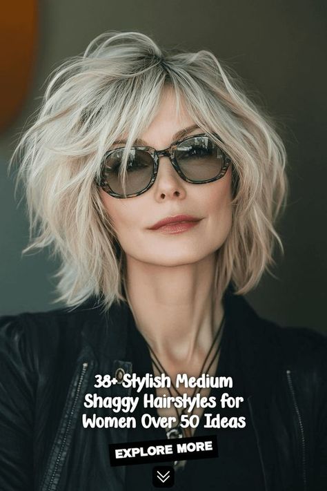 She has a blonde bob haircut with messy layers. The ends are choppy and textured, giving her hair a cool, casual look. This fun hairstyle is easy to style and maintain, perfect for busy women who want a trendy look without spending hours on their hair. - Click to see more of Stunning Medium Shag Haircuts That Flatter Women Over 50 and follow us for more hairstyle ideas. Edgy Mid Length Haircuts, Mid Length Edgy Hair, Trendy Ways To Style Medium Length Hair, Back Of Layered Bob Haircut, Choppy Textured Short Hair, Shag Bob Curly Haircut, Shag Grey Hairstyles, Shag Hairstyles Medium Blonde, Hairstyles Bobs With Bangs