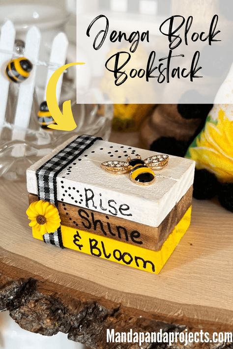 Dollar Store Jenga Block Crafts, Jenga Blocks Crafts, Jenga Block Crafts Diy, Jenga Block Crafts, Diy Jenga, Jenga Diy, Stacked Blocks, Sunflower And Bee, Sunflower Crafts