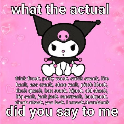 Kuromi Quotes, Kuromi Reaction Pics, Hello Kitty In Love, Kuromi As A Human, Buff Sanrio, Sanrio Reaction Pics, Kuromi Funny, Kuromi Mood, Sanrio Funny