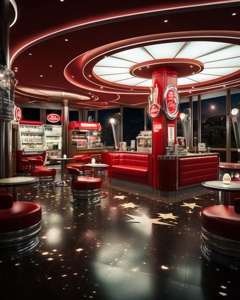 @orangeglasses • Instagram photos and videos Futuristic Restaurant, Retro Futuristic Interior, Diner Restaurant, Futuristic Interior, Gas Stations, Bar Interior, Pub Bar, My Imagination, Restaurant Interior Design