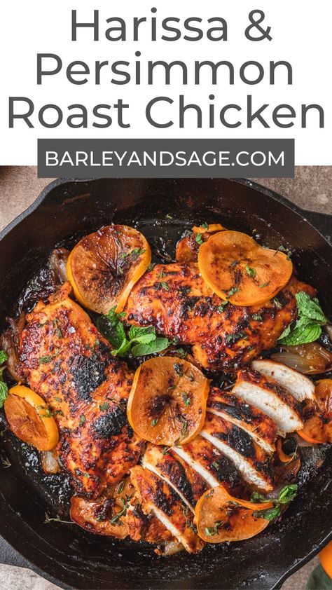 This spicy harissa and persimmon chicken is a little sweet, a little spicy, and packed with flavor! The chicken is marinated in harissa and Greek yogurt for the most tender and flavorful chicken that pairs beautifully with the charred persimmons. It's the perfect one-skillet winter meal! Persimmon Recipes, Harissa Chicken, Cooking With White Wine, Roast Chicken Recipes, Cooking Wine, Chicken Flavors, Roast Chicken, Dinner Dishes, Easy Weeknight Meals