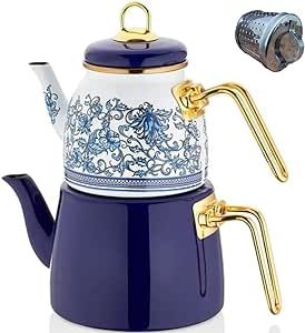 Vintage Turkish Teapot Tea Pots Kettle Set for Stovetop Stove Top Decorative Infuser Party Cups Glasses Floral Unique Boiler Samovar Strainer Loose Leaf Kitchen Style Enamel Decor (White-Blue) Samovar Tea, Dark Blue Tile, Blue Tile Patterns, Turkish Teapot, Lose A Stone, Enamel Teapot, Teapot Set, Turkish Tea, Tea Maker