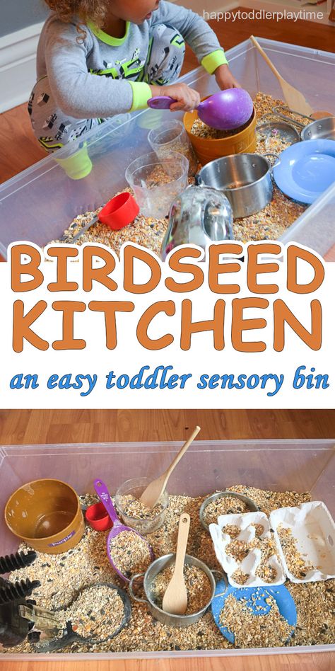 Birdseed Kitchen Sensory Bin - HAPPY TODDLER PLAYTIME Quiet Toddler Activities, Toddler Sensory Bins, Sensory Tubs, Easy Toddler Activities, Fun Activities For Toddlers, Toddler Sensory, Fun Kitchen, Sensory Boxes, Toddler Activity