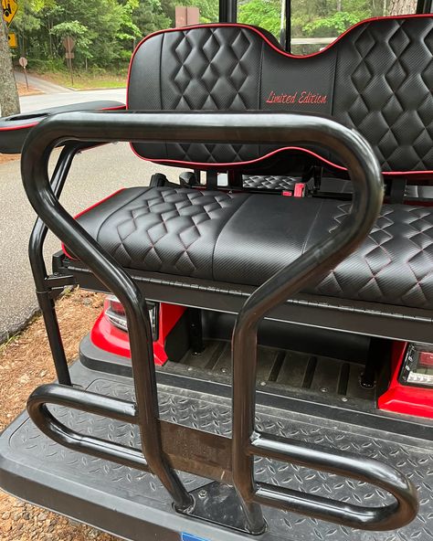 A golf cart accessory for your rear seat passengers include a golf cart safety bar or grab bar. It assists rear seat passengers in getting on and off the back seat and place to hold onto while riding the cart. #golfcartsafetybar #golfcartgrabbar #golfcartaccessories Yamaha Golf Cart Accessories, Yamaha Golf Carts, Golf Cart Seats, Bag Rack, Golf Cart Accessories, Grab Bars, Double Wide, Trailer Hitch, Golf Carts