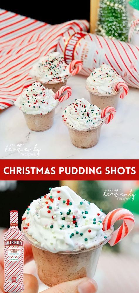 Pudding Shots Christmas, Christmas Pudding Shots, Xmas Shots, Easy Christmas Pudding, Holiday Jello Shots, Holiday Pudding, Chocolate Pudding Shots, Pudding Shot Recipes, Christmas Jello Shots