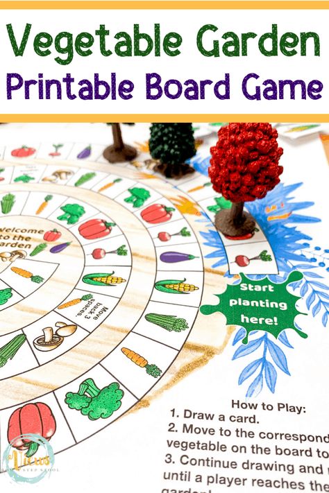 This free printable garden board game is perfect for kids. Children will enjoy drawing a vegetable card and moving around the board to plant their garden. #gardenactivities #kidsactivities #printableboardgames #gardenboardgame #toddlers #preschool #elementary Gardening Games For Kids, Games With Food, Diy Board Games For Kids, Gardening Kids Activities, Garden Preschool, Printable Board Game, Diy Board Games, Preschool Board Games, Cool Activities