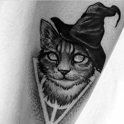 21 Of The Best Cat Tattoo Ideas Ever - PetPress Gotik Tattoo, Occult Tattoo, Black Cat Tattoos, Witch Tattoo, Cat Tattoos, Cat Tattoo Designs, Tattoo Cat, Gothic Tattoo, Dark Tattoo