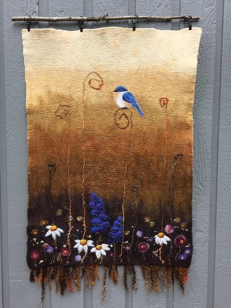 No.20 Bluebird Too | Wet felted wall hanging with some needl… | Flickr Wet Felting Tutorial, Felt Wall Hanging, Landscape Art Quilts, Needle Felting Diy, Wool Felt Projects, Textile Art Embroidery, Felt Pictures, Wet Felting Projects, Felt Embroidery