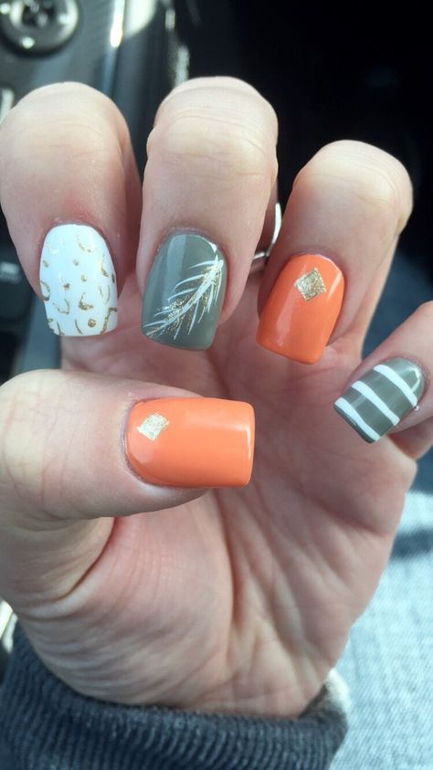 Blue And Yellow Fall Nails, Orange And Gray Nails, Feather Nails, Nail Pops, Gray Nails, Super Nails, Orange Nails, Autumn Nails, Nail Art Stickers