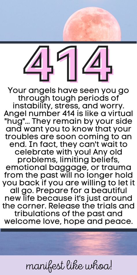 Angel number 414 is like a virtual "hug"... Your angels remain by your side and want you to know that your troubles are soon coming to an end. In fact, they can't wait to celebrate with you! Any old problems, limiting beliefs, emotional baggage, or trauma from the past will no longer hold you back if you are willing to let it all go. Prepare for a beautiful new life because it's just around the corner. Release the trials and tribulations of the past and welcome love, hope and peace Let It All Go, Angel Signs, Unique Words Definitions, Numerology Numbers, Spiritual Prayers, Angel Number Meanings, Angel Guidance, Emotional Baggage, Astrology Numerology