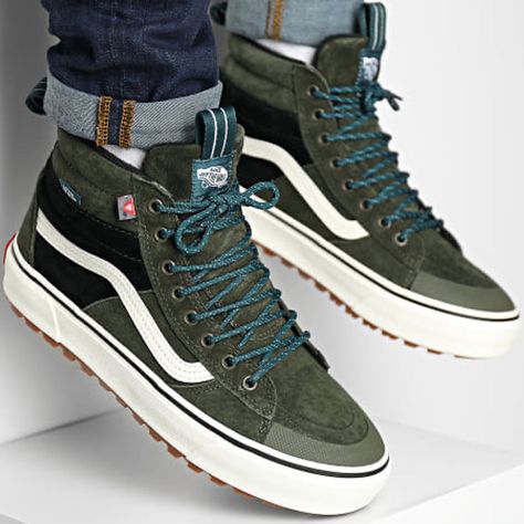 New Vans Sk8-Hi Mte-2 High-Top Sneakers In Dark Olive Green Suede And Black Textile. Features Include A Padded Collar, Green Laces, And A Lugged Rubber Outsole. The Shoes Have A Waterproof Hydroguard Membrane And Primaloft Insulation. Size Us Men's 9 / Women's 10.5. All Tags Are Attached. No Visible Imperfections. New Vans, Vans Sk8 Hi, Dark Olive Green, Sk8 Hi, Green Suede, Vans Sk8, Us Man, Green Lace, Mens Vans