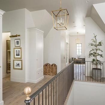 Second Floor Landing with Iron Staircase Railing and Brass Finials Bedroom Wood Floor, Iron Staircase Railing, Pine Wood Flooring, Second Floor Landing, Wood Floor Design, Shiplap Ceiling, Iron Staircase, Modern Style Design, Casas Coloniales