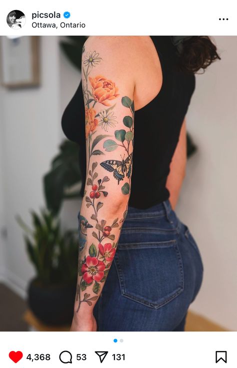 Garden Sleeve Tattoos For Women, Botanical Tattoo Sleeve Delicate, Neo Traditional Floral Tattoo, Folk Flower Tattoo, Floral Bird Tattoo, Wildflower Sleeve Tattoo, Unique Floral Tattoo, Wildflower Sleeve, Nature Sleeve Tattoo