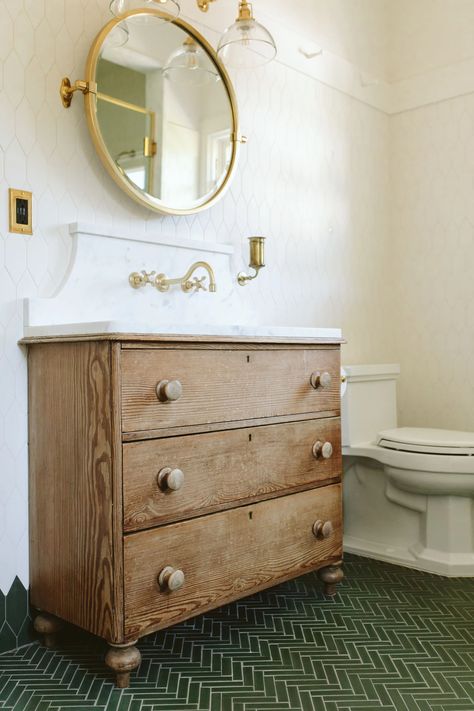 Dresser Sink, Dresser Vanity Bathroom, Vintage Bathroom Vanity, Wooden Bathroom Vanity, Antique Bathroom Vanity, Diy Bathroom Vanity, Old Bathroom, Dresser Vanity, Cottage Bathroom