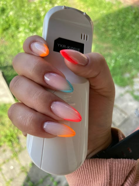 Summer Nails 2023 Gel, Gel Summer Nails, Nails 2023 Gel, Summer Nails Cute, Watermelon Nail, Watermelon Nail Art, Neon Orange Nails, Pink Tip Nails, Summer Nails 2023