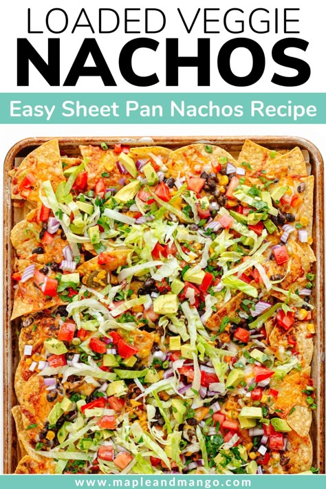 Say goodbye to boring old nachos and hello to these loaded veggie nachos! With layers upon layers of colorful veggies and ooey-gooey cheese, these vegetarian sheet pan nachos are guaranteed to be a crowd pleaser. Ready in under 30 minutes and can be served as an appetizer, snack or full meal. Perfect for Game Day, Cinco De Mayo, movie night or a fun and easy weeknight dinner! | www.mapleandmango.com Nachos Sheet Pan, Easy Sheet Pan Nachos, Sheet Pan Nachos Recipe, Vegetarian Sheet Pan, Veggie Nachos, Sheet Pan Nachos, Pan Nachos, Vegetarian Nachos, Easy Nachos