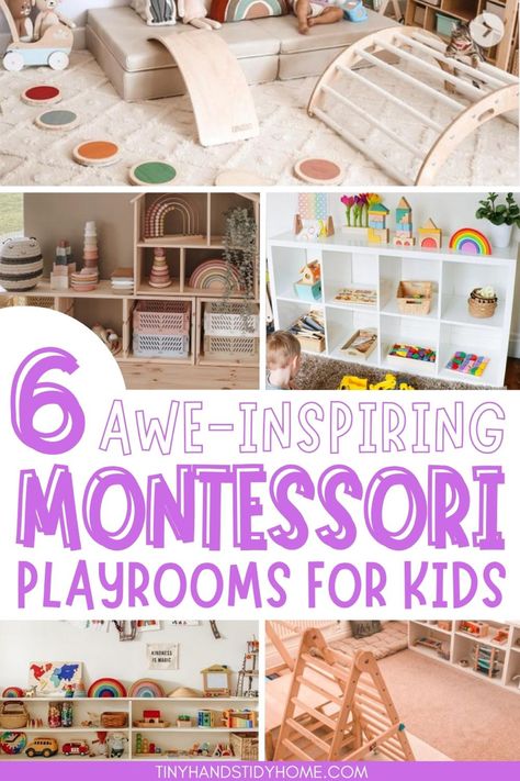 Collage of Montessori playroom ideas. Playroom Ideas Minimalist, Playroom Ideas Montessori, Simple Playroom Ideas, Playroom Minimalist, Montessori Toddler Bedroom, Playroom Layout, Montessori Playroom Ideas, Minimalist Playroom, Montessori Toddler Rooms