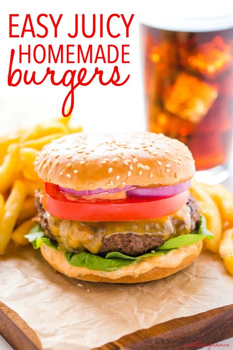 These Easy Juicy Homemade Burgers are tender, meaty, juicy, & SO easy to make with just a few basic ingredients! Plus pro tips for perfect homemade burgers! Recipe from thebusybaker.ca! #burgers #perfectburgers #protips #homemade #grilling #hamburgers #summer Homemade Burgers Recipe, Grilling Hamburgers, Homemade Burger Patties, Easy Homemade Burgers, Burger Patty Recipe, Homemade Burger Recipe, Homemade Cheeseburgers, Grilled Turkey Burgers, Burger Recipes Beef