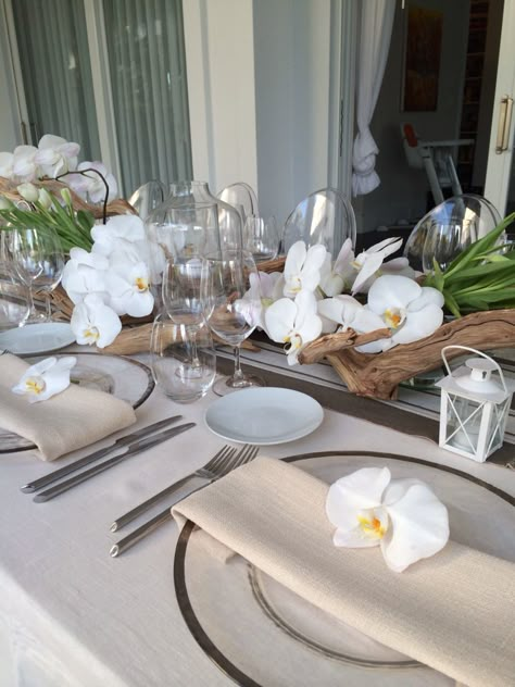 Orchid Table Setting, Orchid Party Theme, Orchid Wedding Florals, Orchid Table Decor, Orchid Table Centerpiece, Orchid Centerpieces Wedding, Launch Event Ideas, Round Wedding Tables, Beach Wedding White