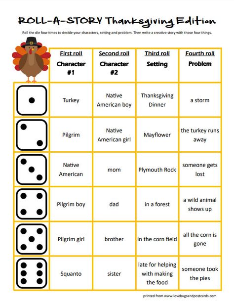 Thanksgiving Roll-A-Story (free printable) - Lovebugs and Postcards Thanksgiving Roll A Story, Halloween Roll A Story, Thanksgiving 5th Grade, Roll A Story Free Printable, Thanksgiving Games Free Printable, Thanksgiving Classroom Games, Roll A Turkey, After School Club Activities, Thanksgiving Family Activities