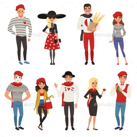 French male and female characters, people dressed in traditional Parisian style vector Illustrations on a white background Cheese Baguette, Mime Artist, French Cartoons, Dress Vector, French People, French Baby, Dress Illustration, Vector People, Graphic Inspiration