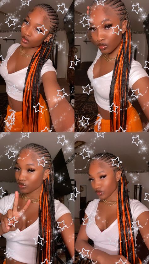 Orange Peak A Boo Braids, Orange Cornrows Braids, Orange And Black Knotless Braids, Yellow Peekaboo Braids, Orange And Black Box Braids, Orange Cornrows, Black And Orange Braids, Orange And Black Braids, Orange And Brown Braids