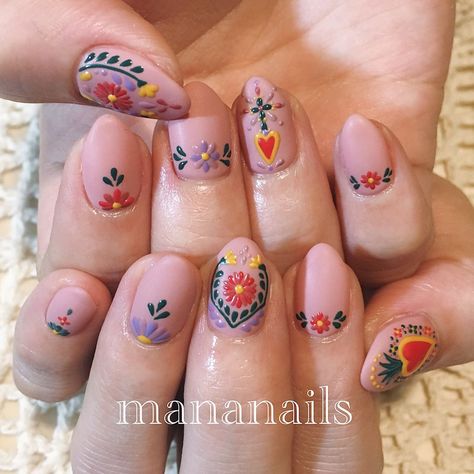 Mexican embroidery❁ Mexican Nails, Nail 2023, Almond Acrylic, 2023 Nails, Summer Acrylic, Nails Pretty, Mexican Embroidery, Short Acrylic, Acrylic Coffin