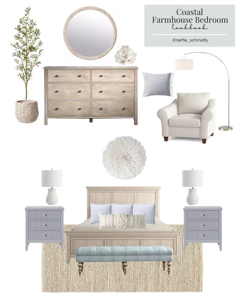 Farmhouse Bedroom Bench Ideas, Bedroom Ideas Coastal Farmhouse, Blue White Neutral Bedroom, Beach Bedroom Furniture Ideas, Neutrals And Blue Bedroom, Blue Side Table Bedroom, Modern Farmhouse Bedroom Blue, Neutral Lamps Bedroom, Coastal Farmhouse Furniture