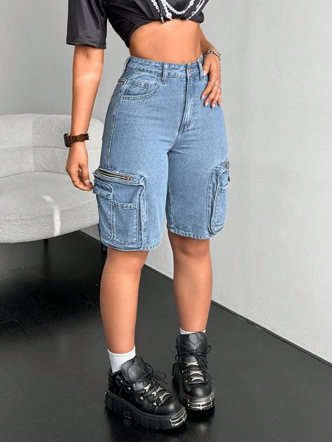 Women's Solid Color Denim Shorts With Pockets, Summer Casual Light Wash Casual   Denim Plain Bermuda Non-Stretch  Women Clothing, size features are:Bust: ,Length: ,Sleeve Length: Bermuda Denim Shorts, Jeans Cargo, Shorts Denim, Distressed Denim Shorts, Casual Black, Casual Denim, Shorts With Pockets, Distressed Denim, Summer Casual