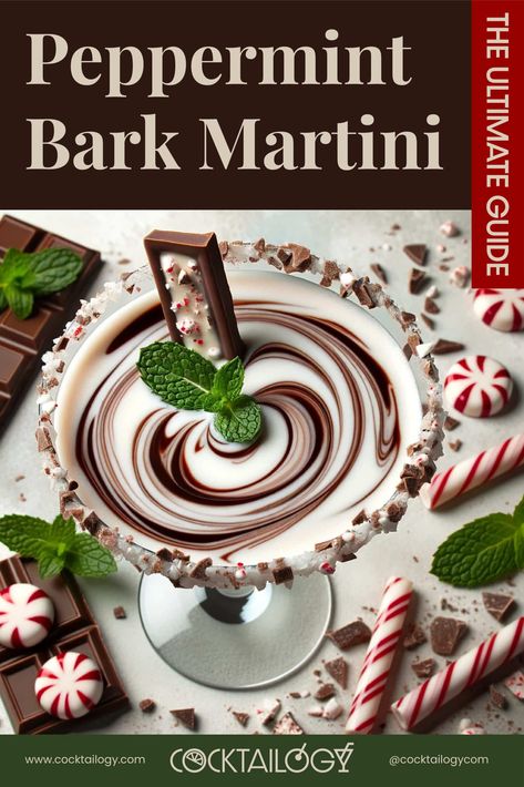 Peppermint Bark Martini: The Ultimate Guide Peppermint Bark Martini, Winter Martini, Bark Candy, Peppermint Martini, Chocolate Vodka, Christmas Drinks Alcohol, Peppermint Syrup, Chocolate Liqueur, Vanilla Vodka