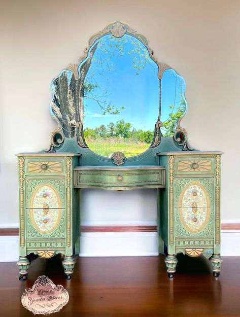 Painted Antique Vanity, Victorian Vanity, Vanity Tables, Vanity With Mirror, Vanity Art, Art Nouveau Furniture, Antique Vanity, White Damask, Makeup Table