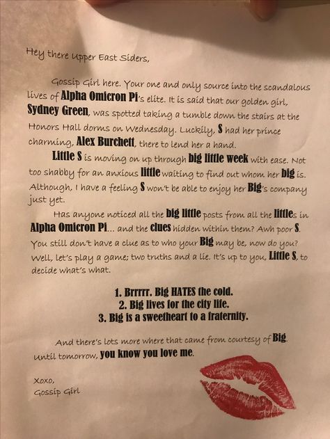 Gossip Girl Big Little Clue Tags: sorority clues, big little reveal, upper east siders, gossip girl theme, letter, inspire, two truths and a lie Princess Diaries Big Little Reveal, Big Little Letters Note, Gossip Girl Gift Ideas, Gossip Girl Big Little Reveal, Big Little Basket Notes, Big Little Notes, Gossip Girl Themed Party, Big Little Clues Ideas, Big Little Clues