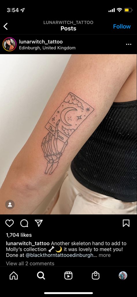 Moon Tarot Card Tattoo Simple, Skeleton On Moon Tattoo, Fine Line Tarot Tattoo, Sun And Moon Tarot Card Tattoo, Tarot Card Tattoo Minimalist, The Sun Tarot Card Tattoo, The Moon Tarot Card Tattoo, Moon Tarot Tattoo, Sun Tarot Card Tattoo