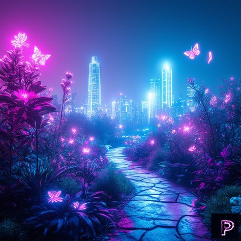 Discover the vibrant energy of a neon punk botanical garden, where bio-engineered plants and holographic butterflies create a futuristic oasis. 🌺💡   What neon wonders will your art grow today?   #AI #Art #PicassoAIArt #NeonPunk #BotanicalGarden #Futuristic Bio Punk Aesthetic, Cyberpunk Garden, Neon Jungle Aesthetic, Neon Vibes Aesthetic, Digital Dystopia, Bisexual Lighting, Neon Cyberpunk Aesthetic, Skeleton Character, Neon Futuristic