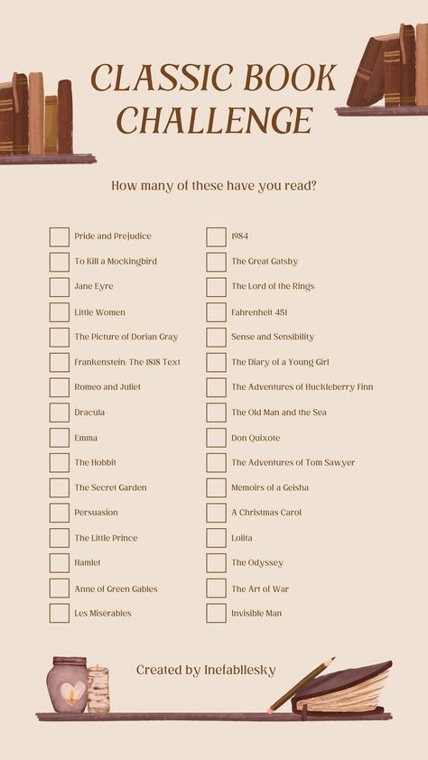 Classic Reading Challenge, Classic Book Checklist, Fall Tbr Template, Classic Book Challenge, Books Everyone Should Read Checklist, Book Recs Classics, List Of Classic Books To Read, Classics Reading List, Classic Reading List