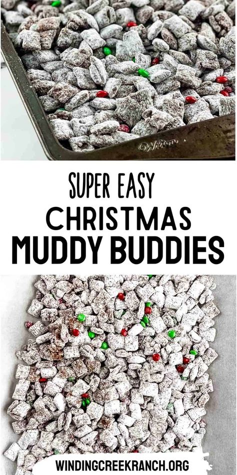 Christmas Muddy Buddy Recipe (Puppy Chow) Muddy Buddies Christmas, Christmas Muddy Buddies Recipe, Peanut Butter And Powdered Sugar, Christmas Muddy Buddies, Holiday Puppy Chow, Muddy Buddy Recipe, Peanut Butter Muddy Buddies, Chex Mix Muddy Buddies, Chocolate Muddy Buddies