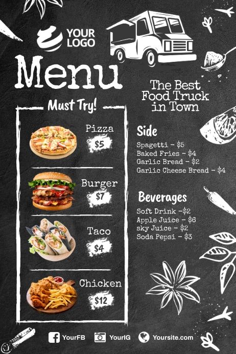 Food Truck Menu Design Ideas, Food Van Design Ideas, Food Truck Design Graphics, Truck Poster Design, Food Truck Poster, Food Truck Template, Food Truck Flyer, Food Truck Menu Ideas, Breakfast Menu Design