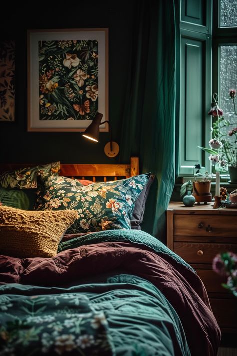 Immerse yourself in gothic grace with these inspiring dark moody bedroom color palettes. Discover elegant palettes that elevate your space with depth and allure, promising a sophisticated and stylish ambiance. #GothicGrace #ElegantPalettes #DarkMoody Green Maxamilist Bedroom, Dark Green Duvet Bedroom, Dark And Moody Green Bedroom, Dark Moody Maximalist Bedroom, Dark Country Bedroom, Sherwin Williams Cascades Bedroom, Moody Whimsical Bedroom, Tiny Dark Bedroom, Teal And Burgundy Bedroom