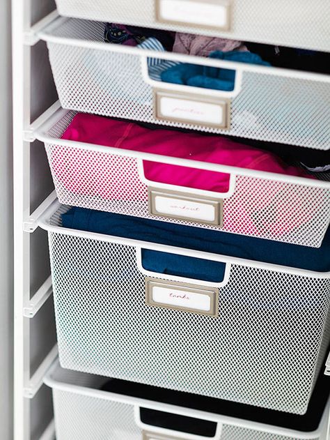 Try using bookplate labels to your closet storage for a sophisticated way to keep track of your clothing! More labeling ideas: http://www.bhg.com/decorating/storage/organization-basics/organized-home/?socsrc=bhgpin101113clothinglabels&page=17 Workout Clothes Storage, Trendy Workout Outfits, Closet Clothes Storage, I Heart Organizing, Organizing Products, Wire Bins, Bedroom Closet Storage, Workout Clothes Cheap, Diy Workout