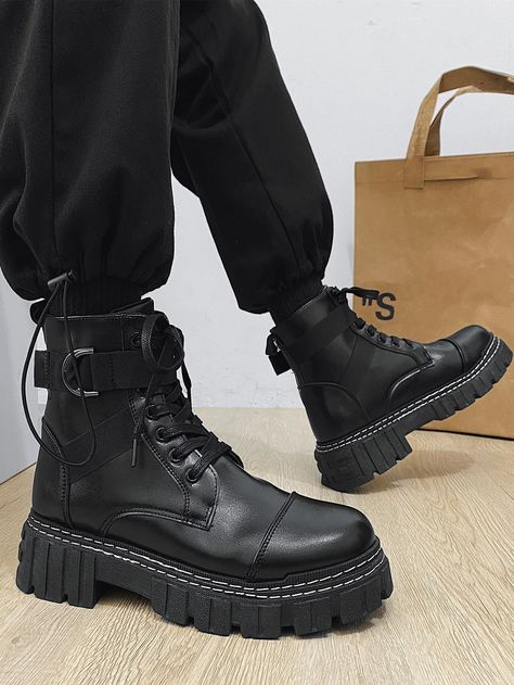 Black  Collar   Plain Combat Boots Embellished   Men Shoes Black And White Boots For Men, Alternative Boots Men, Techwear Boots Men, Mens Black Combat Boots, Types Of Boots For Women, Men's Boots Outfit, Shoes Style For Men, Emo Boots Men, Fancy Boots Men