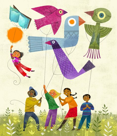 Kite Magic | Rafael López Fly Drawing, Kite Designs, School Murals, Spring Painting, We Are The World, Art Et Illustration, Kites, Art And Illustration, Childrens Illustrations