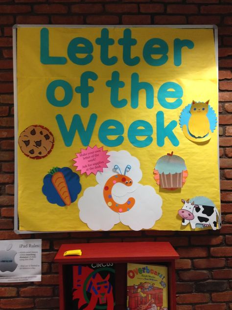 scissor usage is a great skill for littles to practice, but it wasn't feasible with our staffing. I made Letter Of The Week Preschool, Preschool Bulletin Board, Preschool Displays, Infant Classroom, Preschool Bulletin, Preschool Classroom Decor, Preschool Bulletin Boards, Toddler Classroom, Alphabet Activities Preschool