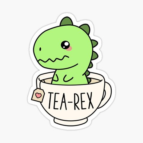 This funny T-Rex design depicts a cute Tyrannosaurus Rex dinosaur sitting in a cup of tea. The design reads "Tea-Rex" and has a cute kawaii chibi art theme! Makes a great design for tea lovers or dinosaur lovers or for anyone who loves dinosaurs, drinking • Millions of unique designs by independent artists. Find your thing. Tea Rex Tattoo, Rawr Dinosaur Cute, Kawaii Chibi Art, Tea Rex, Cute T Rex, T Rex Humor, Funny Art Prints, Mini Project, Drawing Hair Tutorial