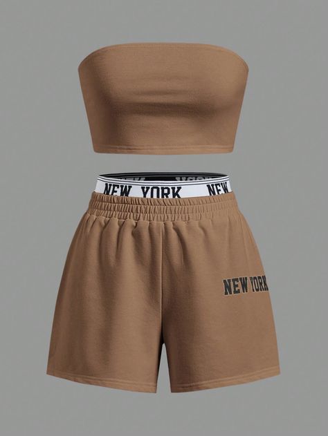 Khaki Casual Collar   Colorblock,Letter  Embellished Slight Stretch  Women Clothing Adrette Outfits, Clueless Outfits, Strapless Crop Top, Shein Outfits, Mens Casual Dress Outfits, Cute Preppy Outfits, Fashion Tights, Crop Top Outfits, Crop Top And Shorts