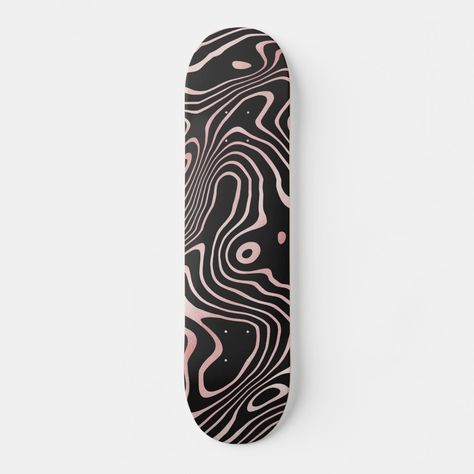 Black Rose Gold liquid swirl Abstract Design Skateboard Size: 7 7/8". Gender: unisex. Age Group: adult. Pink Skateboard Design, Cool Skateboard Designs, Skateboard Design Diy Paint, Skateboard Decks Design, Skateboard Painting, Painted Skateboard Decks, Skateboard Designs, Aesthetic Skateboard, Skateboard Artwork