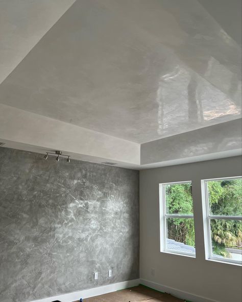 Venetian Plaster Ceiling, White Venetian Plaster, Gray Accent Wall, Grey Accent Wall, Concrete Finishes, Accent Wall Designs, Primary Bath, Plaster Ceiling, Gray Wall